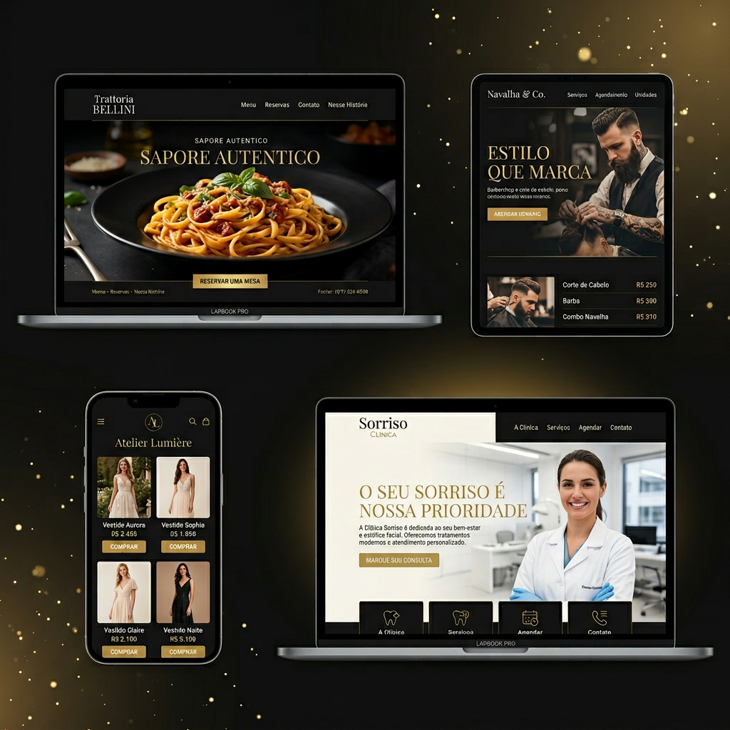 Mockups de sites personalizados em laptop, tablet e celular